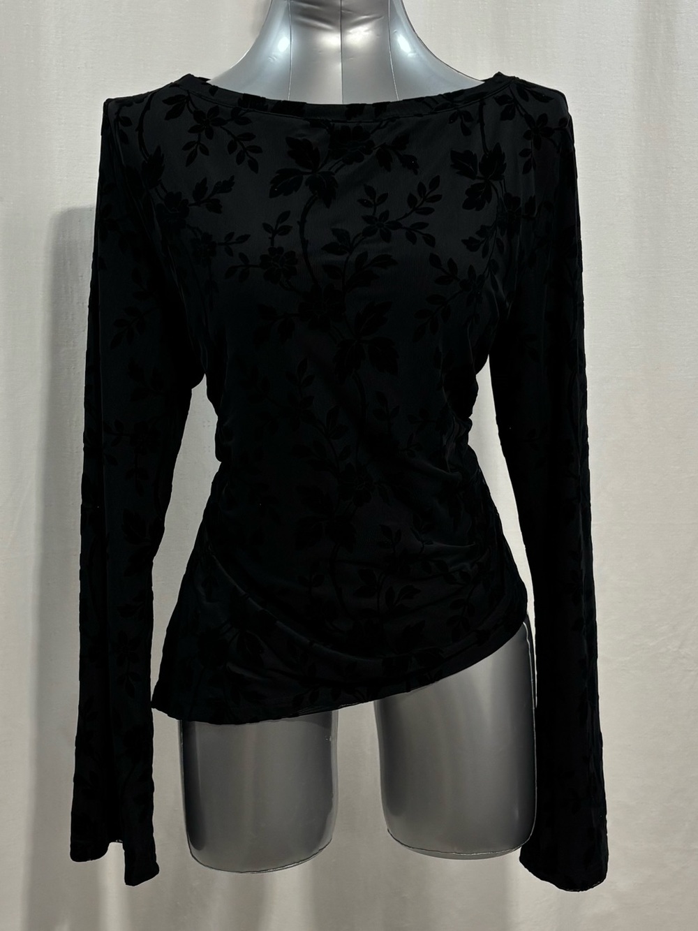 PRETTYGARDEN Black Floral Mesh Top Boat Neck Ruched Asymmetric Long Sleeve XXL